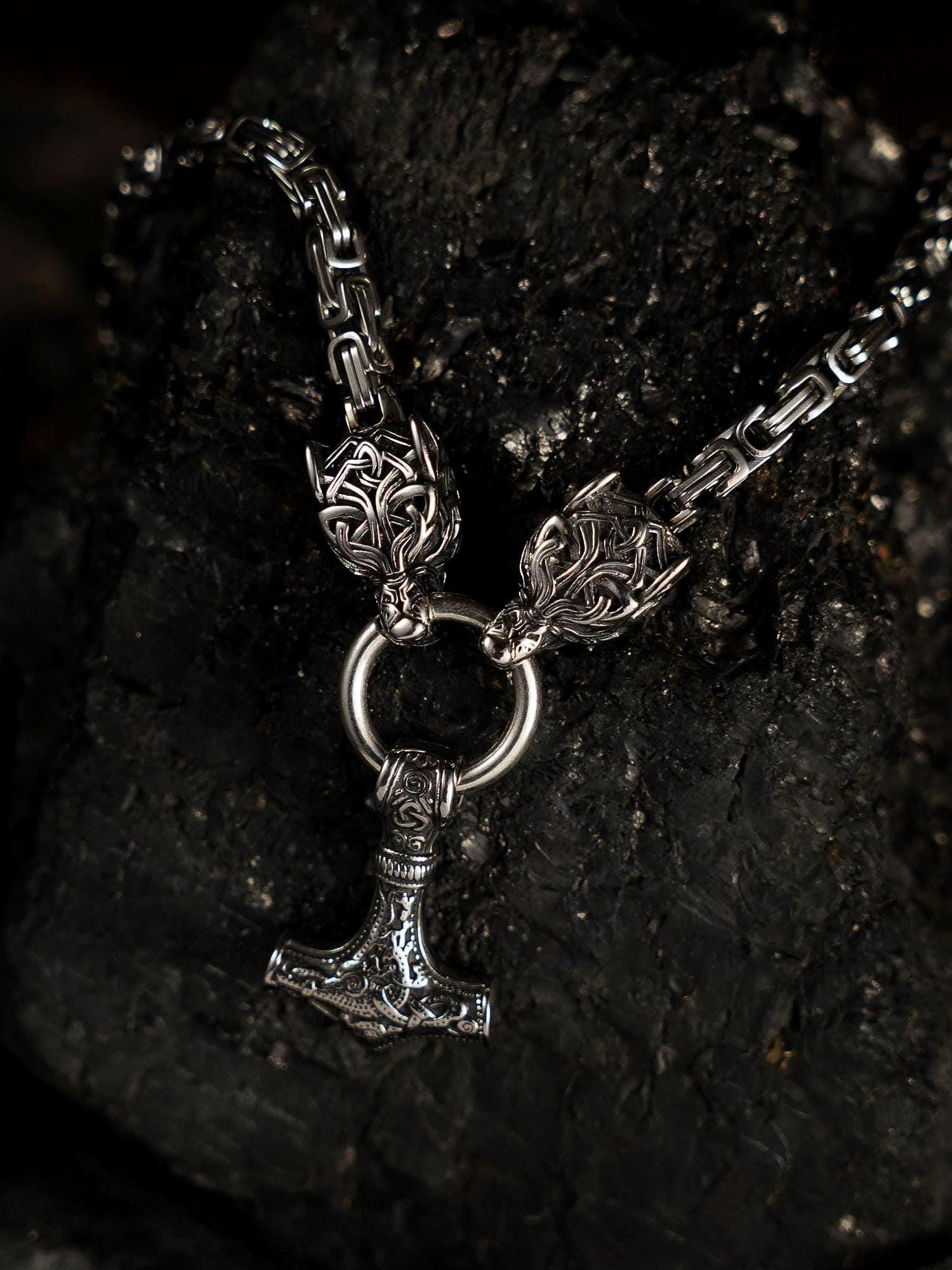 Viking Thor's Hammer Necklace - Gold Mjolnir Necklace with Wolf Heads, Viking Thor Hammer Pendant