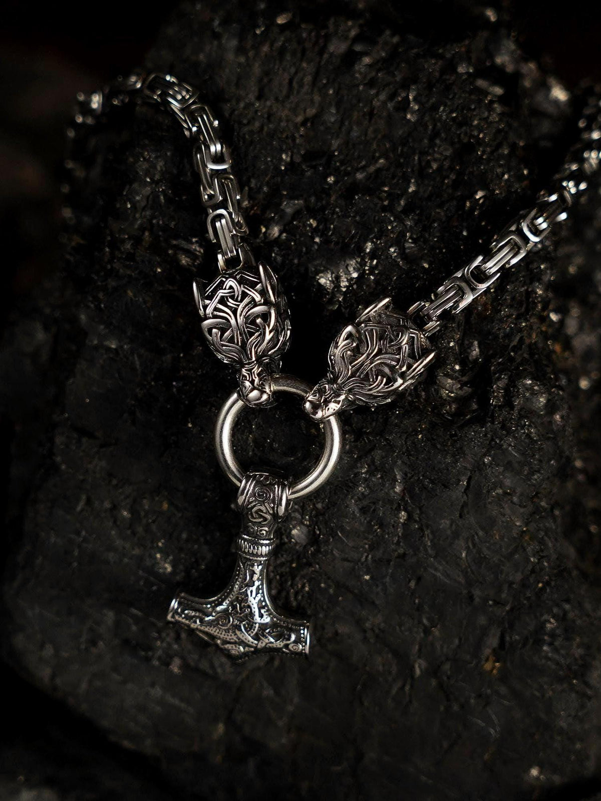 Viking Thor's Hammer Necklace - Gold Mjolnir Necklace with Wolf Heads, Viking Thor Hammer Pendant