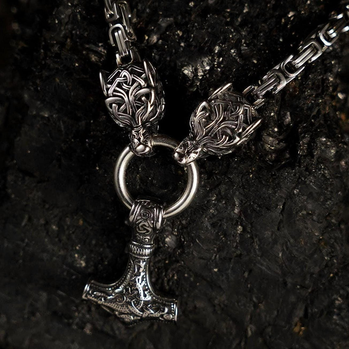 Viking Odin Necklace - Heavy Odin Wolves Viking Bangle Bracelet - 925 Sterling Silver Nordic Amulet