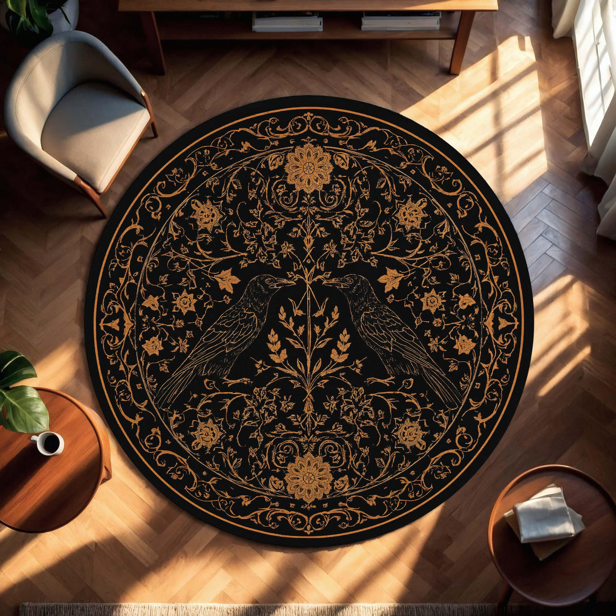 Viking Raven Rug - Viking Raven Round Rug, Norse Rune Circle Carpet, Celtic Knot Boho Gothic Decor
