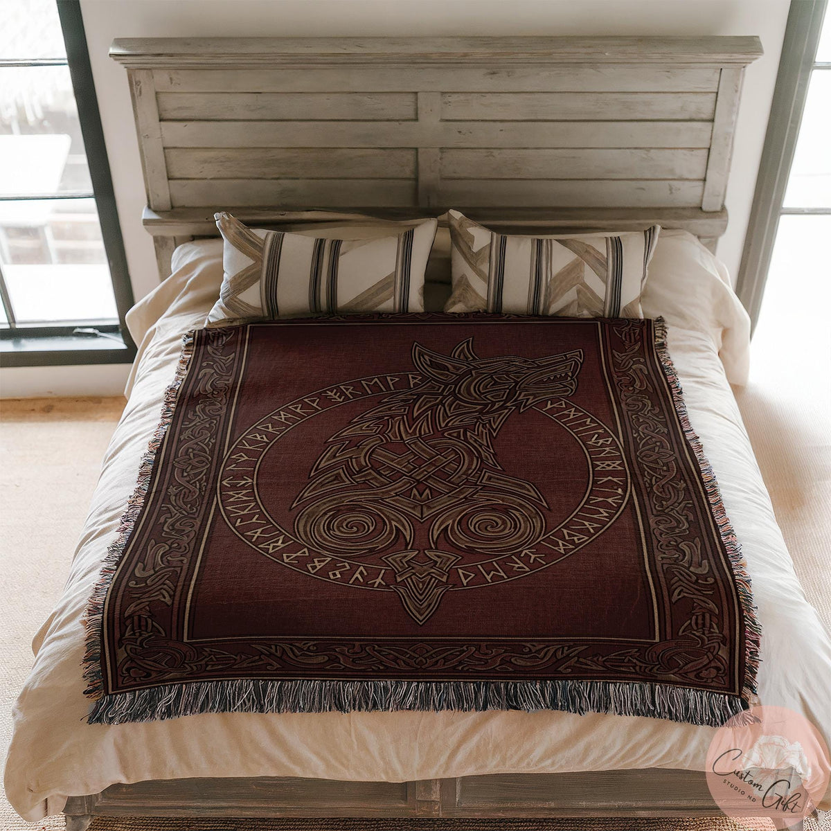 Viking Wolf Blanket - Viking Woven Blanket, Fenrir Wolf Decor, Norse Runes, Scandinavian Art