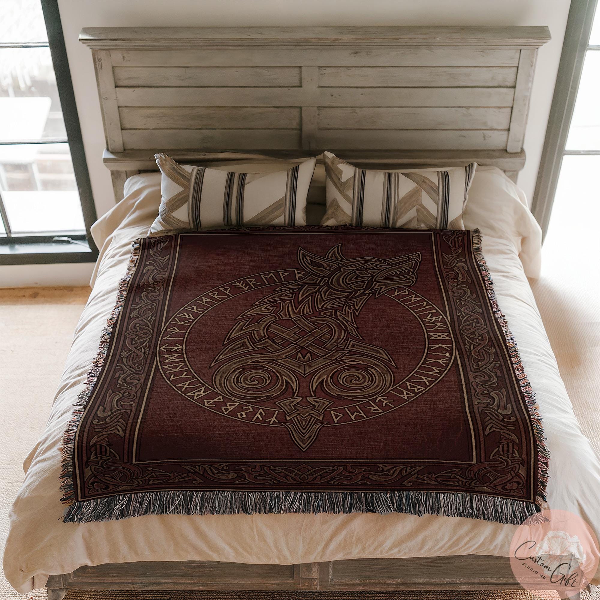 Viking Wolf Blanket - Viking Woven Blanket, Fenrir Wolf Decor, Norse Runes, Scandinavian Art