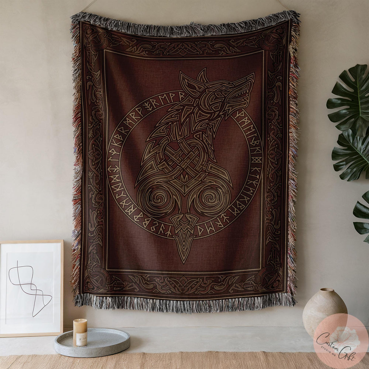 Viking Wolf Blanket - Viking Woven Blanket, Fenrir Wolf Decor, Norse Runes, Scandinavian Art