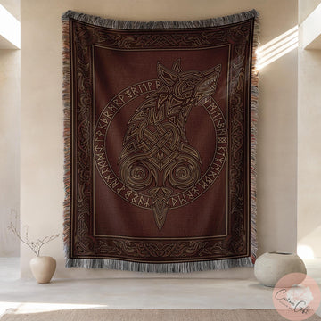 Viking Wolf Blanket - Viking Woven Blanket, Fenrir Wolf Decor, Norse Runes, Scandinavian Art