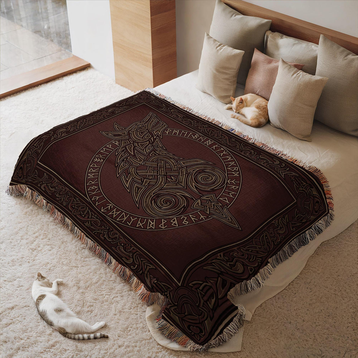 Viking Wolf Blanket - Viking Woven Blanket, Fenrir Wolf Decor, Norse Runes, Scandinavian Art
