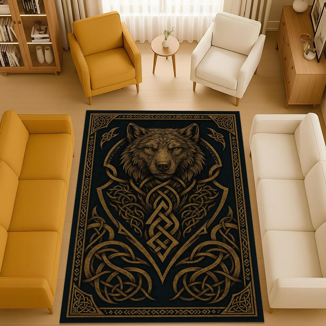 Viking Wolf Rug - Celtic Wolf Knot Rug Viking Nordic Symbol Art Carpet Dark Mythic Tribal Decor