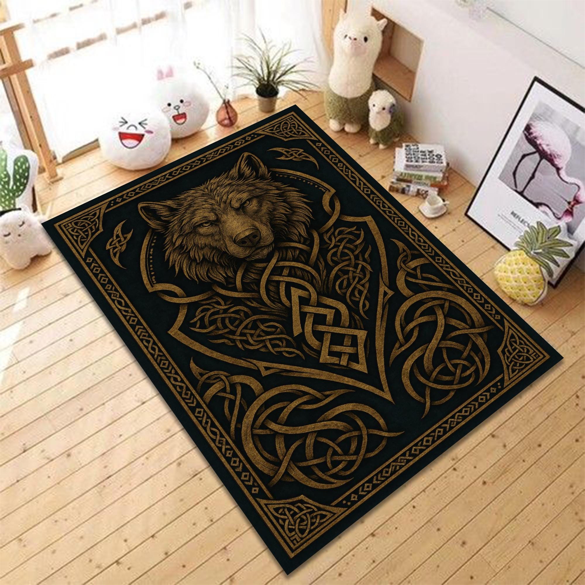 Viking Wolf Rug - Celtic Wolf Knot Rug Viking Nordic Symbol Art Carpet Dark Mythic Tribal Decor