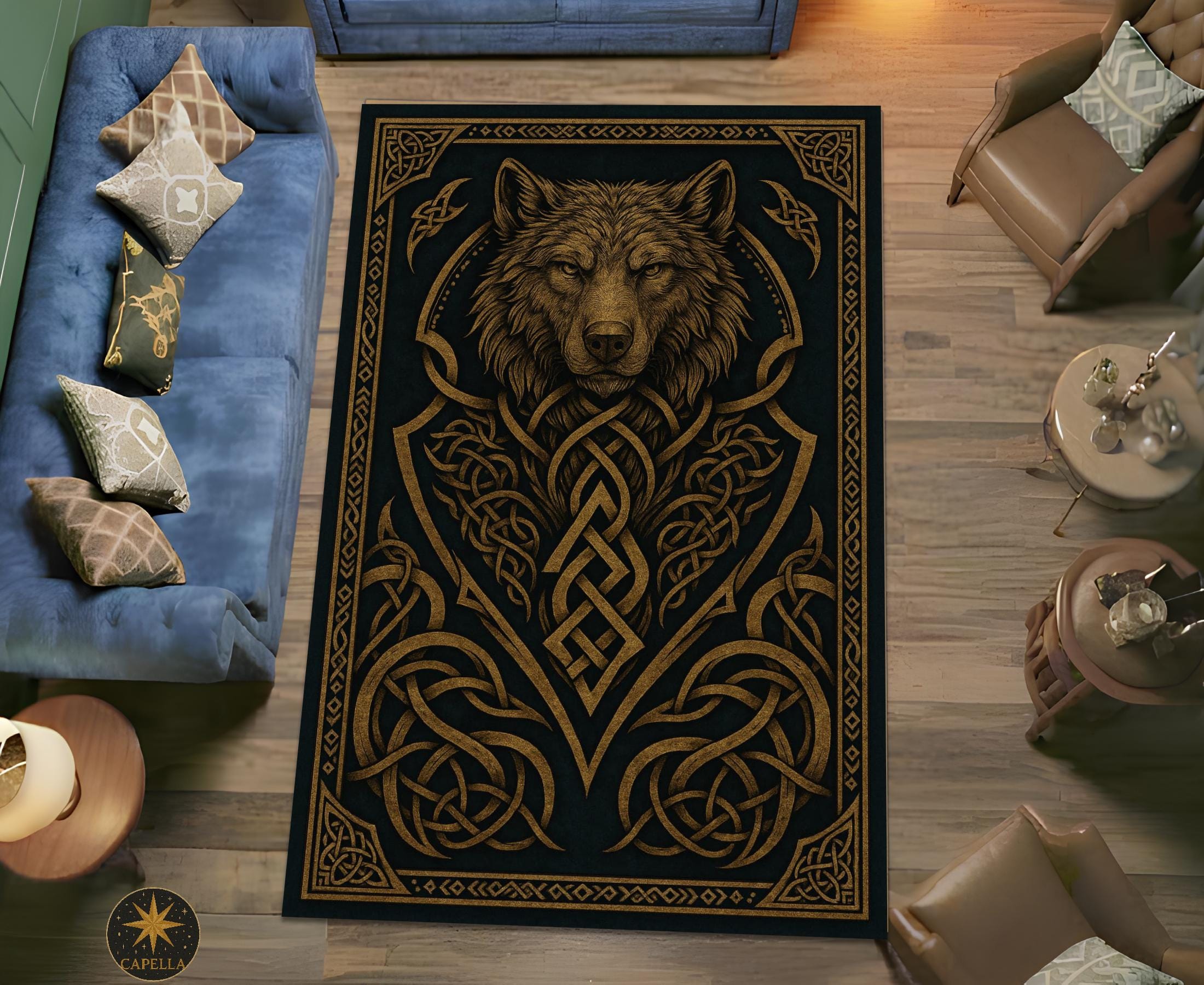 Viking Wolf Rug - Celtic Wolf Knot Rug Viking Nordic Symbol Art Carpet Dark Mythic Tribal Decor