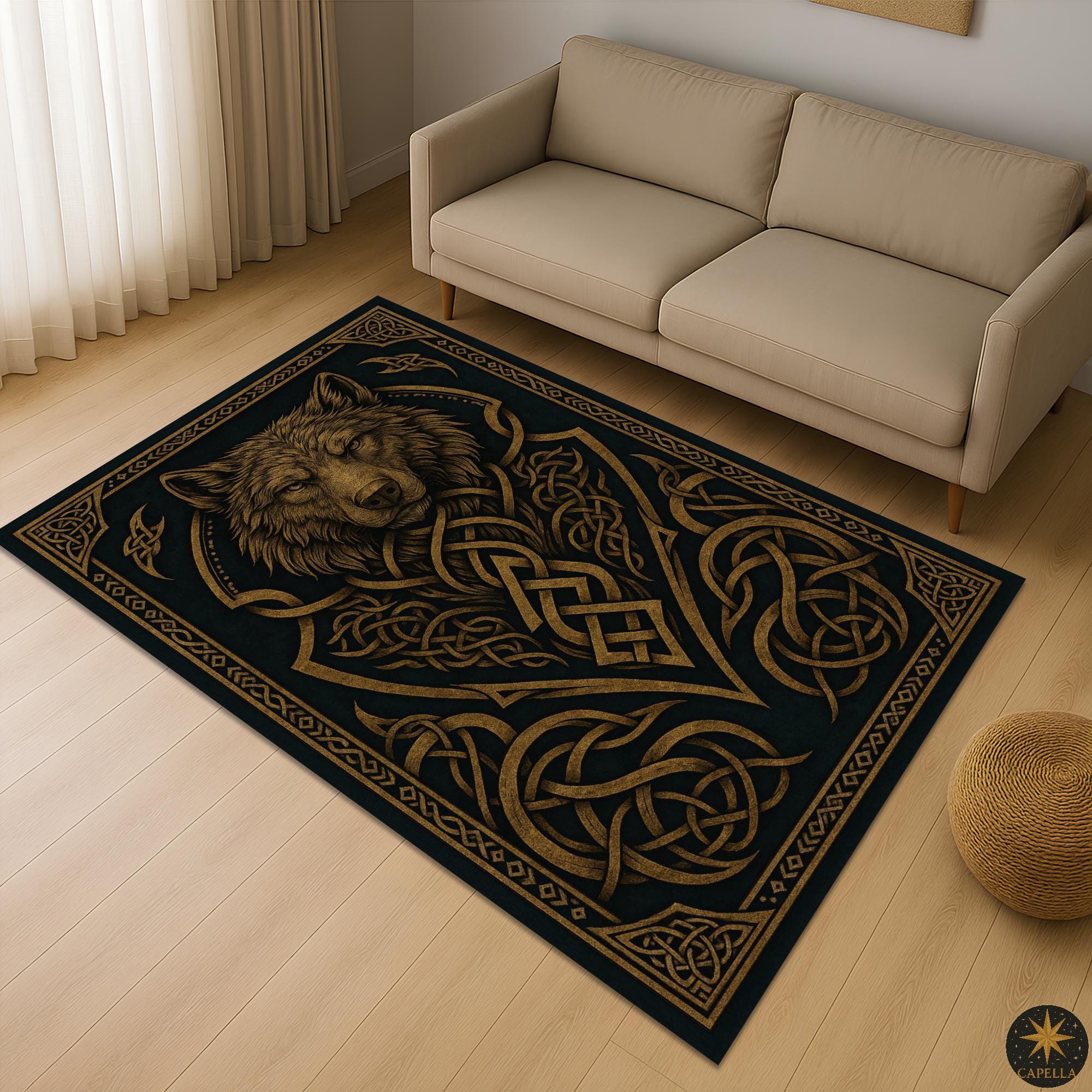 Viking Wolf Rug - Celtic Wolf Knot Rug Viking Nordic Symbol Art Carpet Dark Mythic Tribal Decor