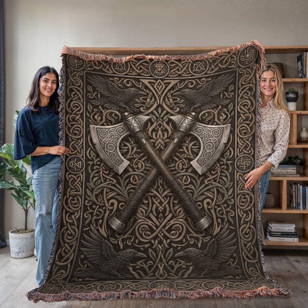 Viking Raven Blanket - Viking Axes Woven Throw Blanket, Norse Raven Celtic Knot Tapestry, Medieval