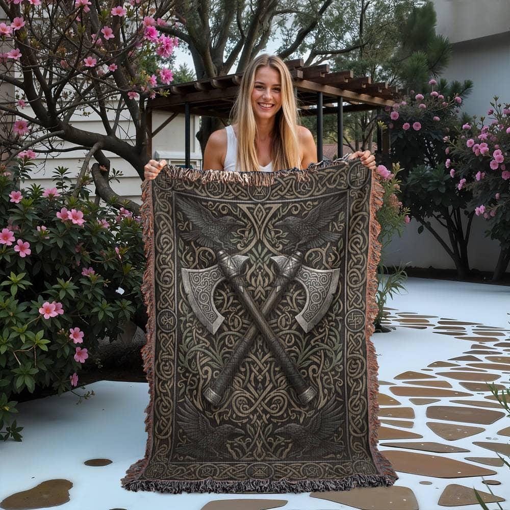 Viking Raven Blanket - Viking Axes Woven Throw Blanket, Norse Raven Celtic Knot Tapestry, Medieval