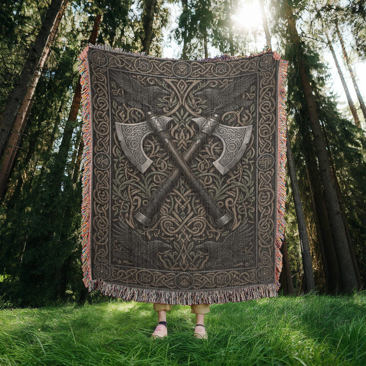 Viking Raven Blanket - Viking Axes Woven Throw Blanket, Norse Raven Celtic Knot Tapestry, Medieval