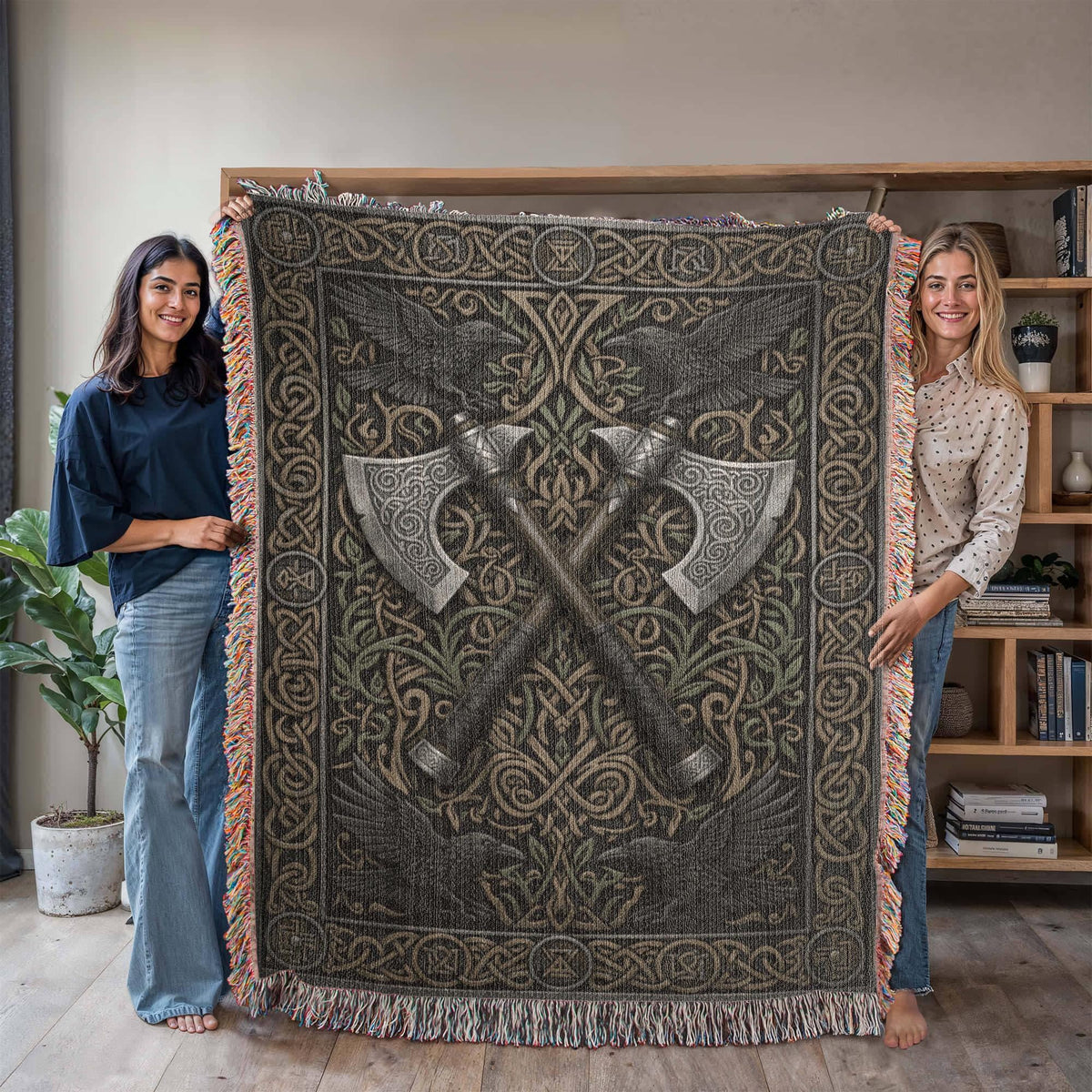 Viking Raven Blanket - Viking Axes Woven Throw Blanket, Norse Raven Celtic Knot Tapestry, Medieval