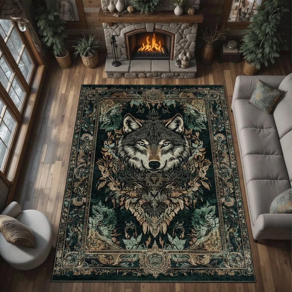 Viking Wolf Rug - Nordic Wolf Round Rug, Viking Wolf Area Rug, Celtic Knot Forest Decor, Mountain
