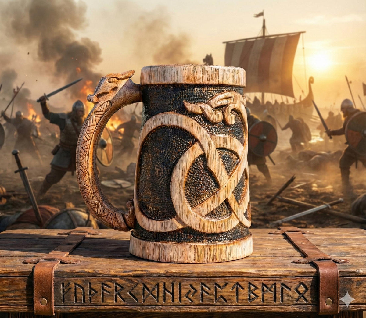 Viking Mug - Norse Empire 20oz Hand Carved Wooden Beer Mug - Urnes Style Viking Tankard