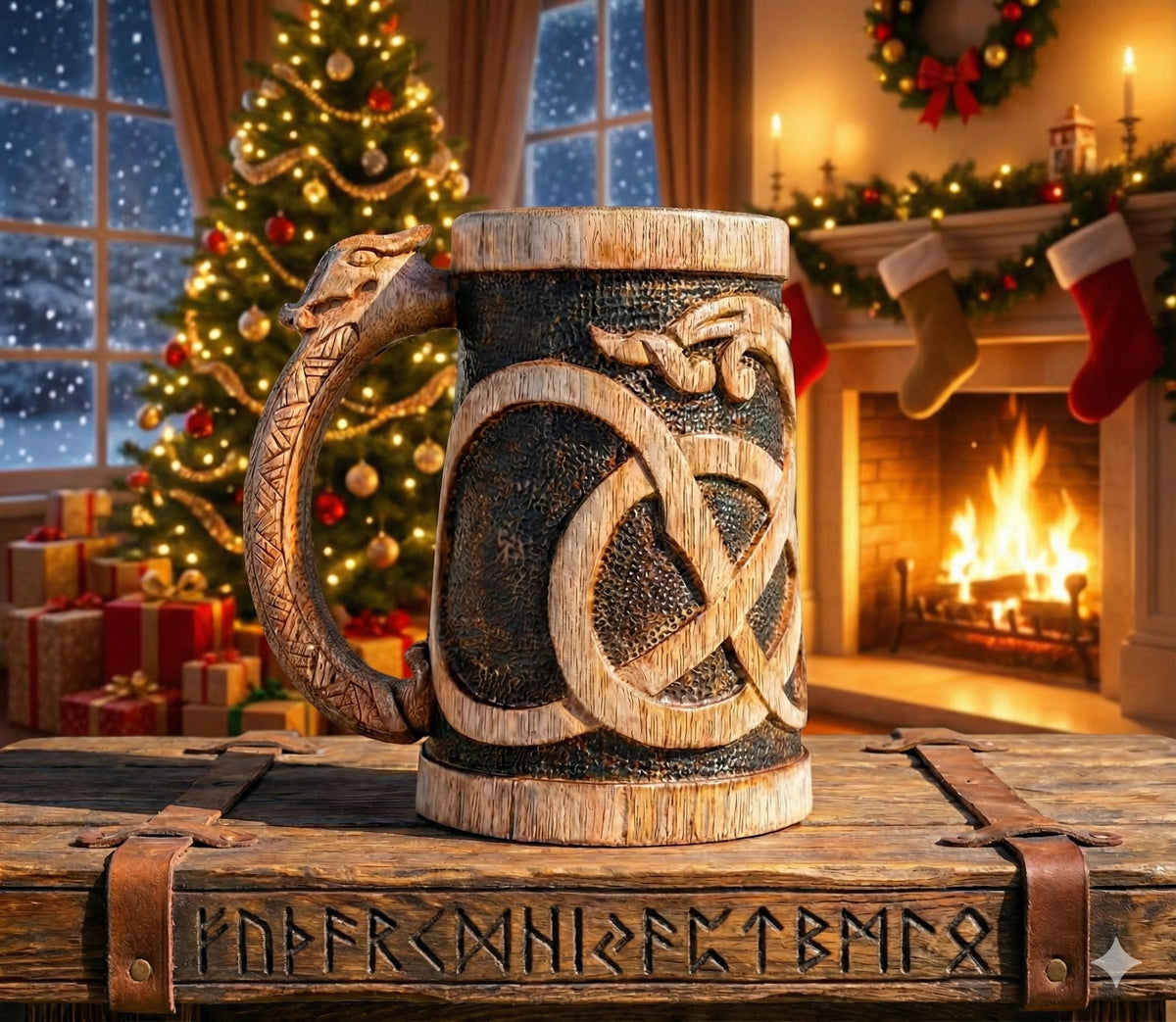 Viking Mug - Norse Empire 20oz Hand Carved Wooden Beer Mug - Urnes Style Viking Tankard