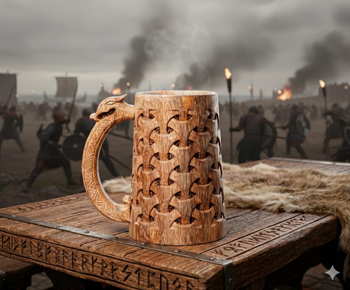 Viking Mug - Handmade Wooden Beer Mug 20oz - Viking Tankard with Celtic Art, Rustic Norse Groomsman