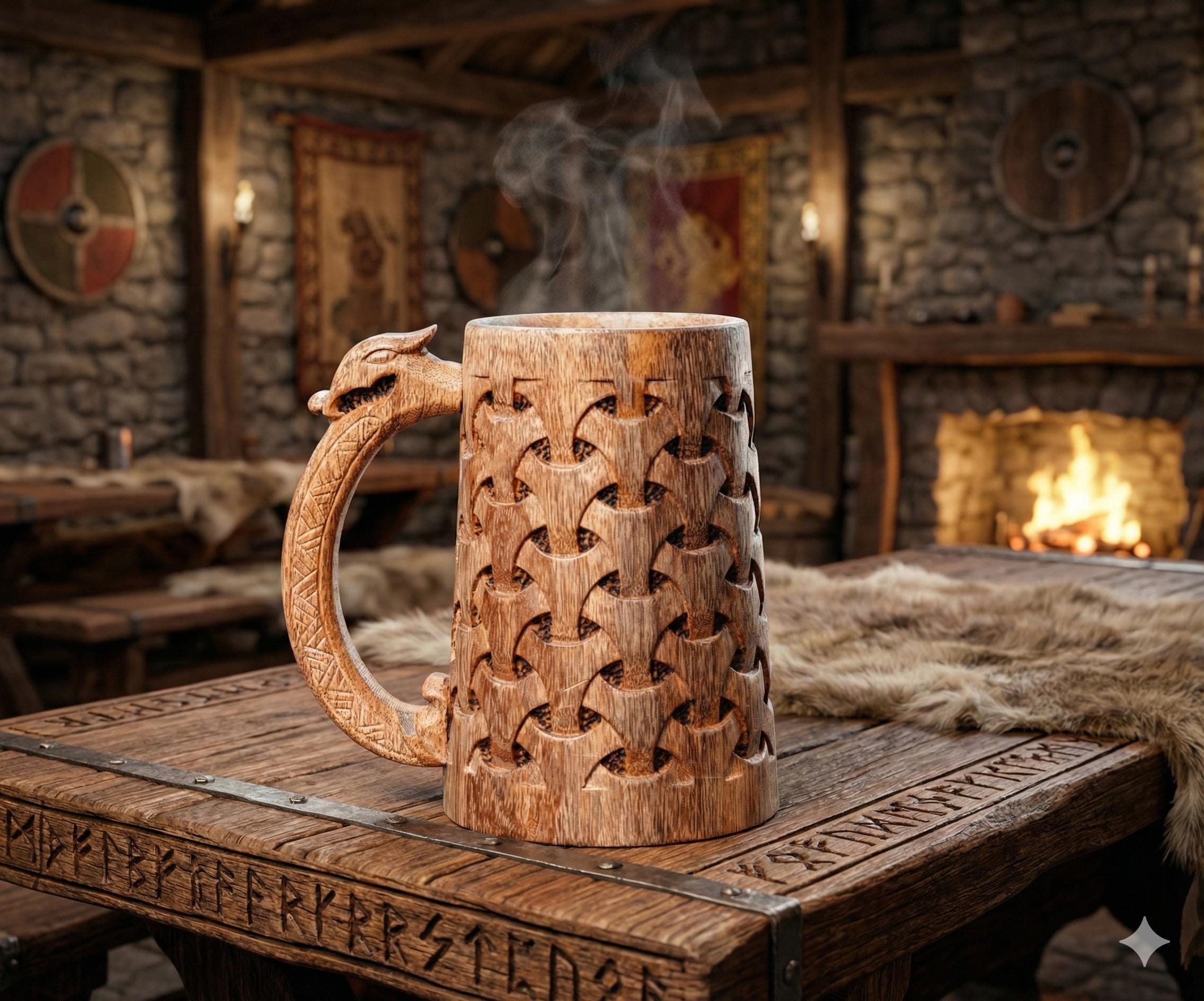 Viking Mug - Handmade Wooden Beer Mug 20oz - Viking Tankard with Celtic Art, Rustic Norse Groomsman