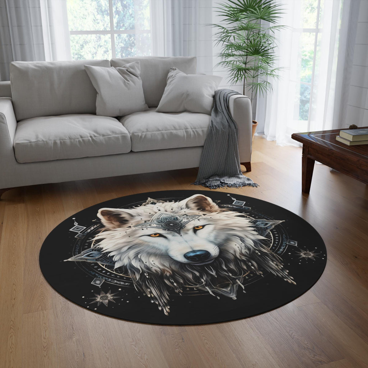 Viking Wolf Rug - Nordic Wolf Round Rug, Viking Wolf Area Rug, Celtic Knot Forest Decor, Mountain