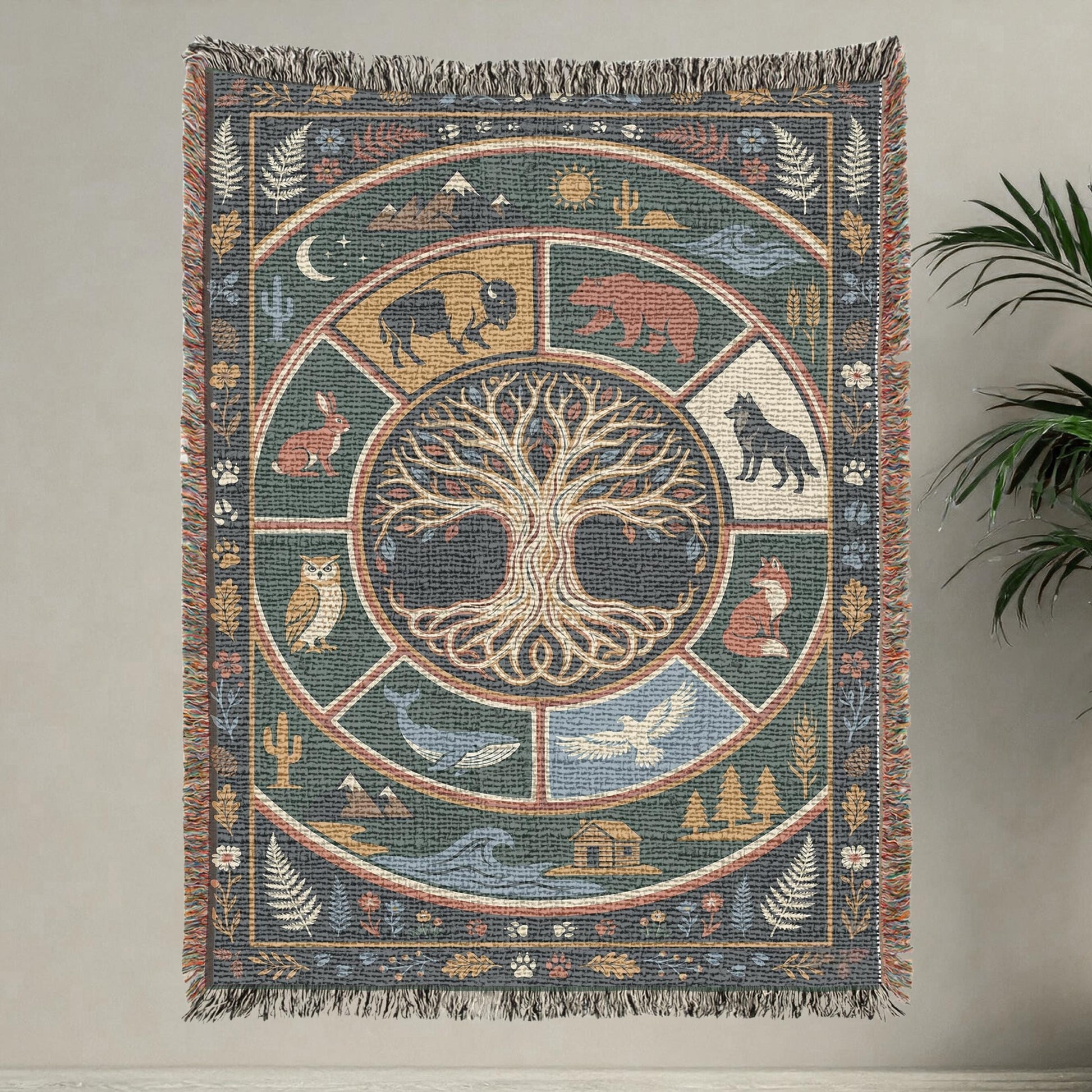 Viking Wolf Blanket - Norse Tree of Life Woven Blanket, Yggdrasil Raven and Wolf Tapestry Throw
