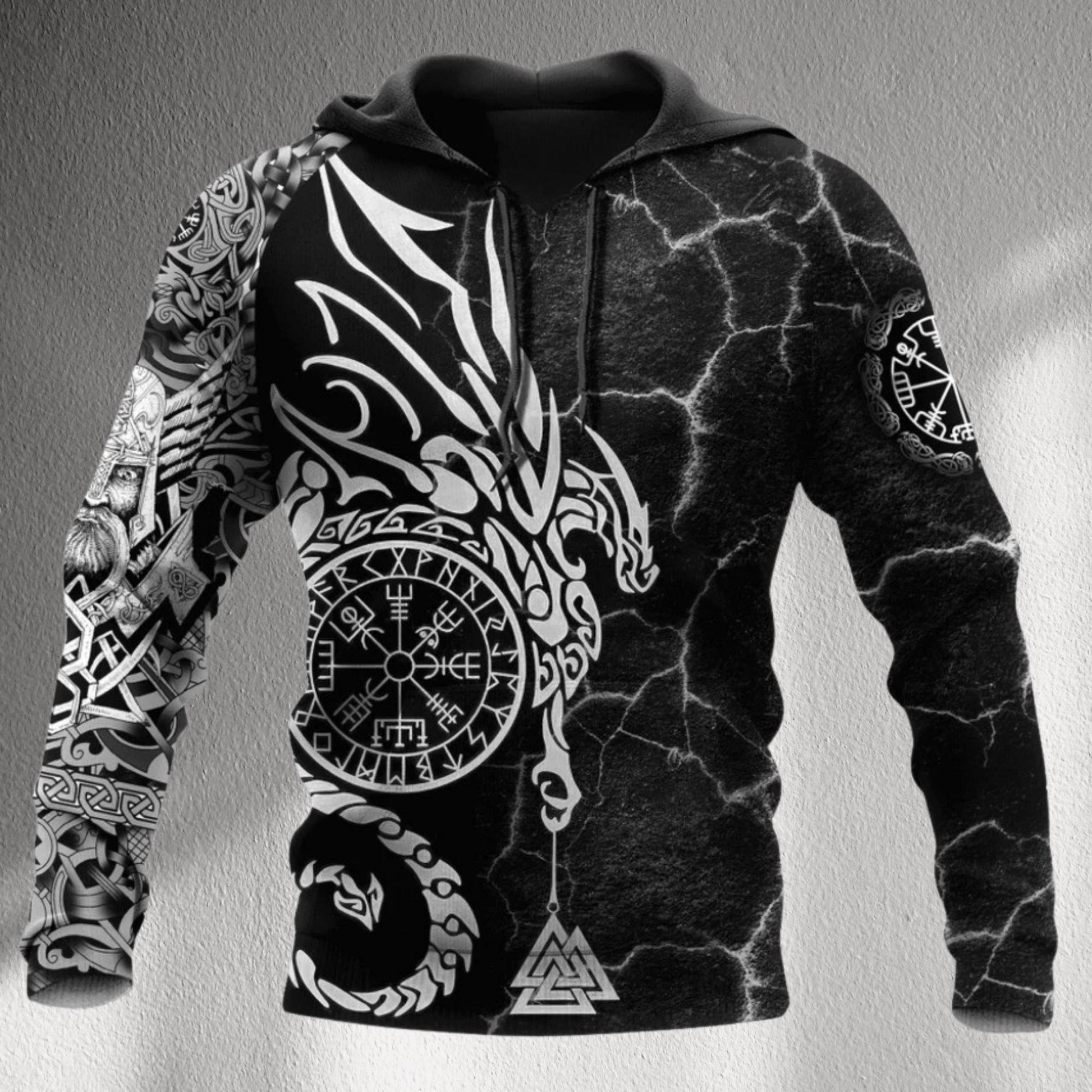 Viking Odin Hoodie - Viking Norse Mythology Hoodie, Vegvisir Compass Dragon Odin Art, Nordic Runes