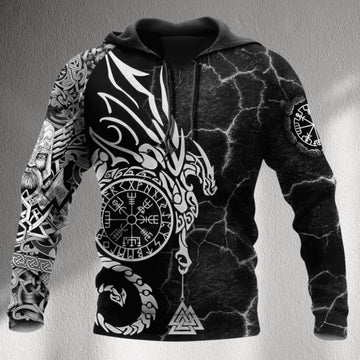 Viking Odin Hoodie - Viking Norse Mythology Hoodie, Vegvisir Compass Dragon Odin Art, Nordic Runes