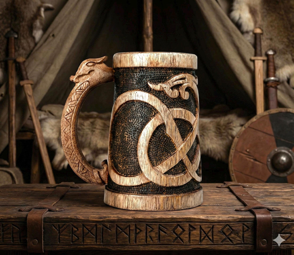 Viking Mug - Norse Empire 20oz Hand Carved Wooden Beer Mug - Urnes Style Viking Tankard