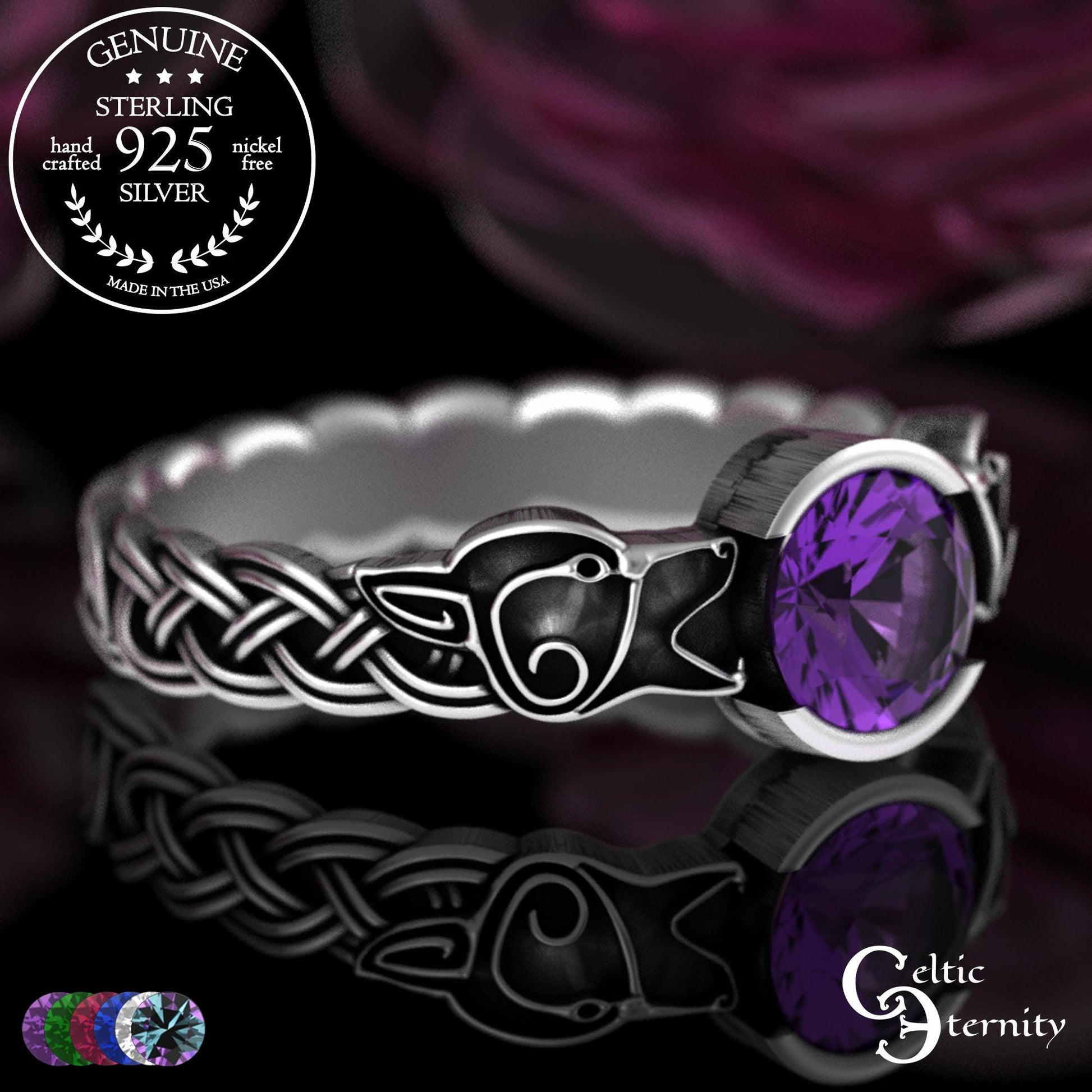 Viking Wolf Ring - Sterling Viking Wolf Solitaire Ring, Alexandrite Mated For Life Ring, Silver