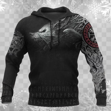 Viking Wolf Hoodie - Norse Viking Wolf Hoodie – Black Runic Vegvisir Sleeve, Raven & Wolf Art