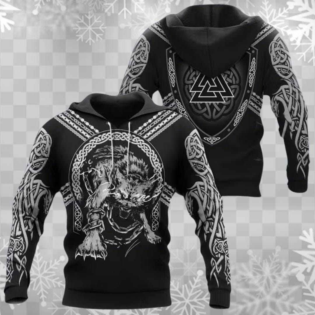 Viking Wolf Hoodie - Norse Viking Wolf Hoodie – Black Runic Vegvisir Sleeve, Raven & Wolf Art