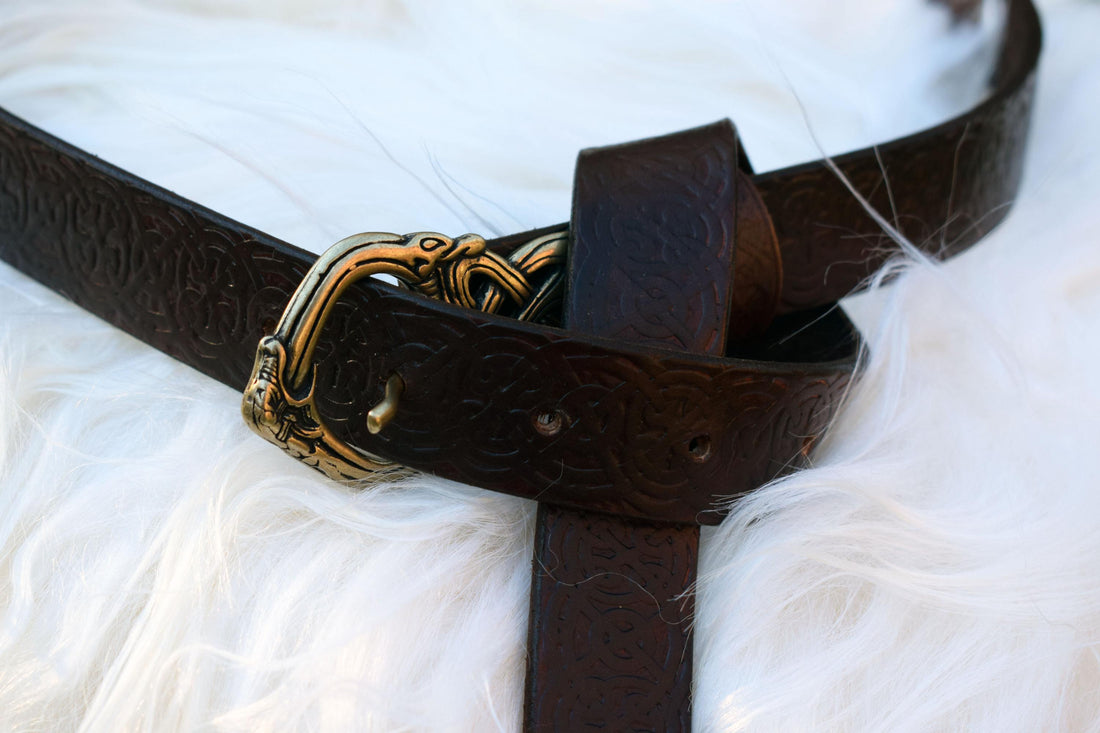 Viking Leather Accessory - Embossed Viking belt from brown or black 3, 2mm leather, with bronze