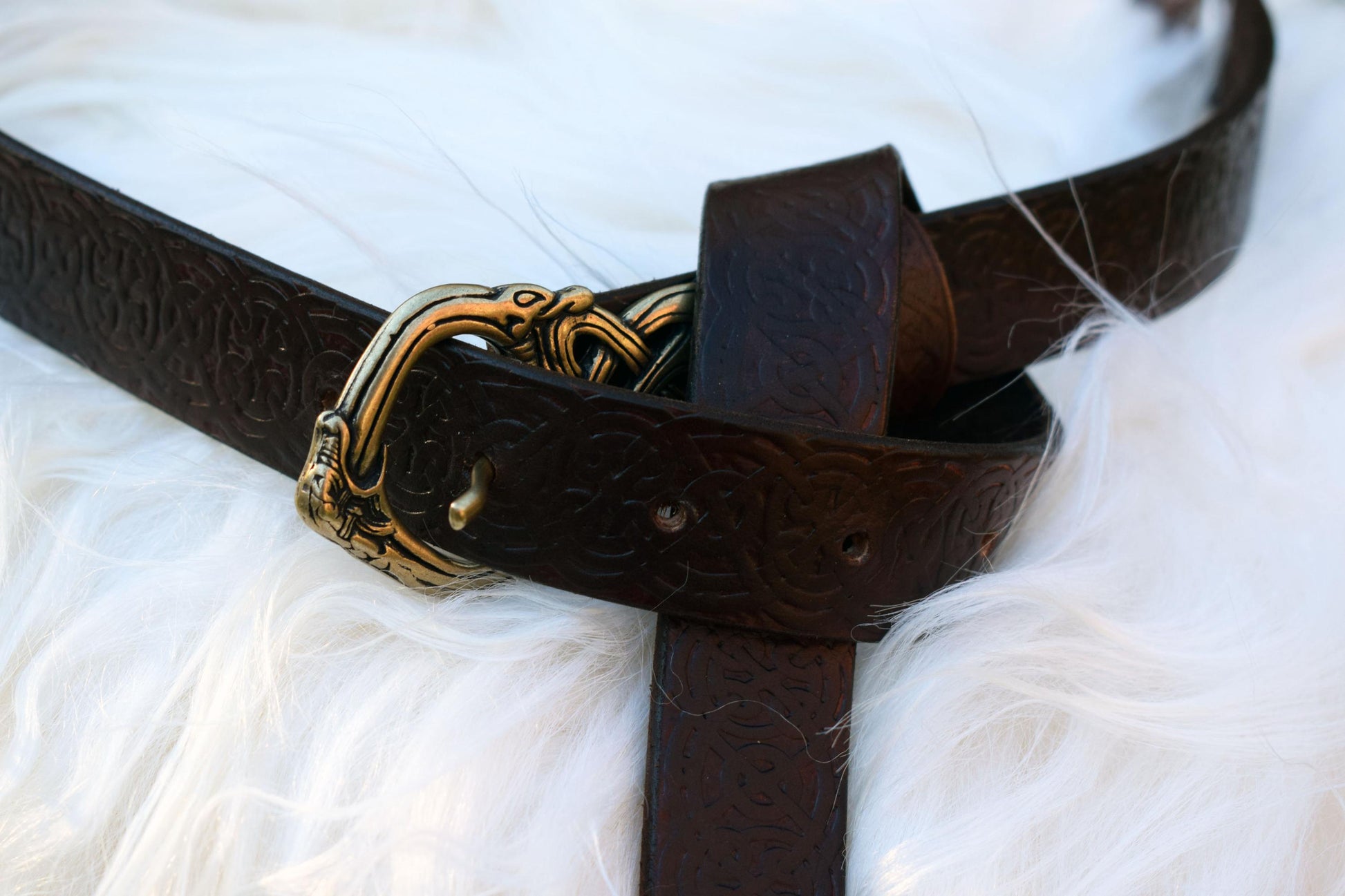 Viking Leather Accessory - Embossed Viking belt from brown or black 3, 2mm leather, with bronze