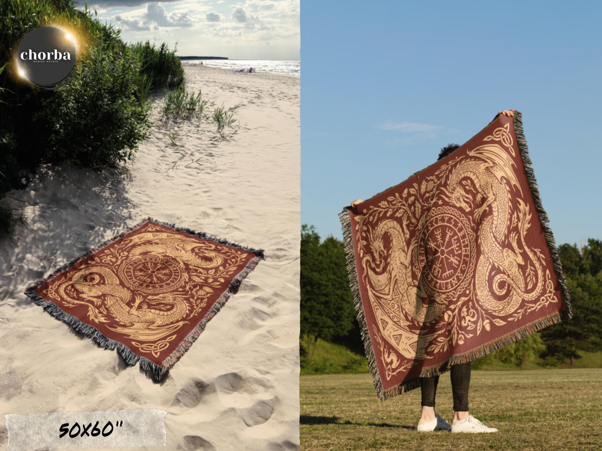 Viking Blanket - Viking Nordic Dragon Woven Cotton Throw Blanket, Fringed Tapestry Decor