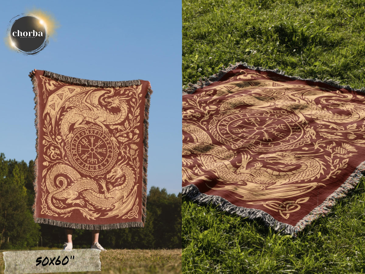 Viking Blanket - Viking Nordic Dragon Woven Cotton Throw Blanket, Fringed Tapestry Decor