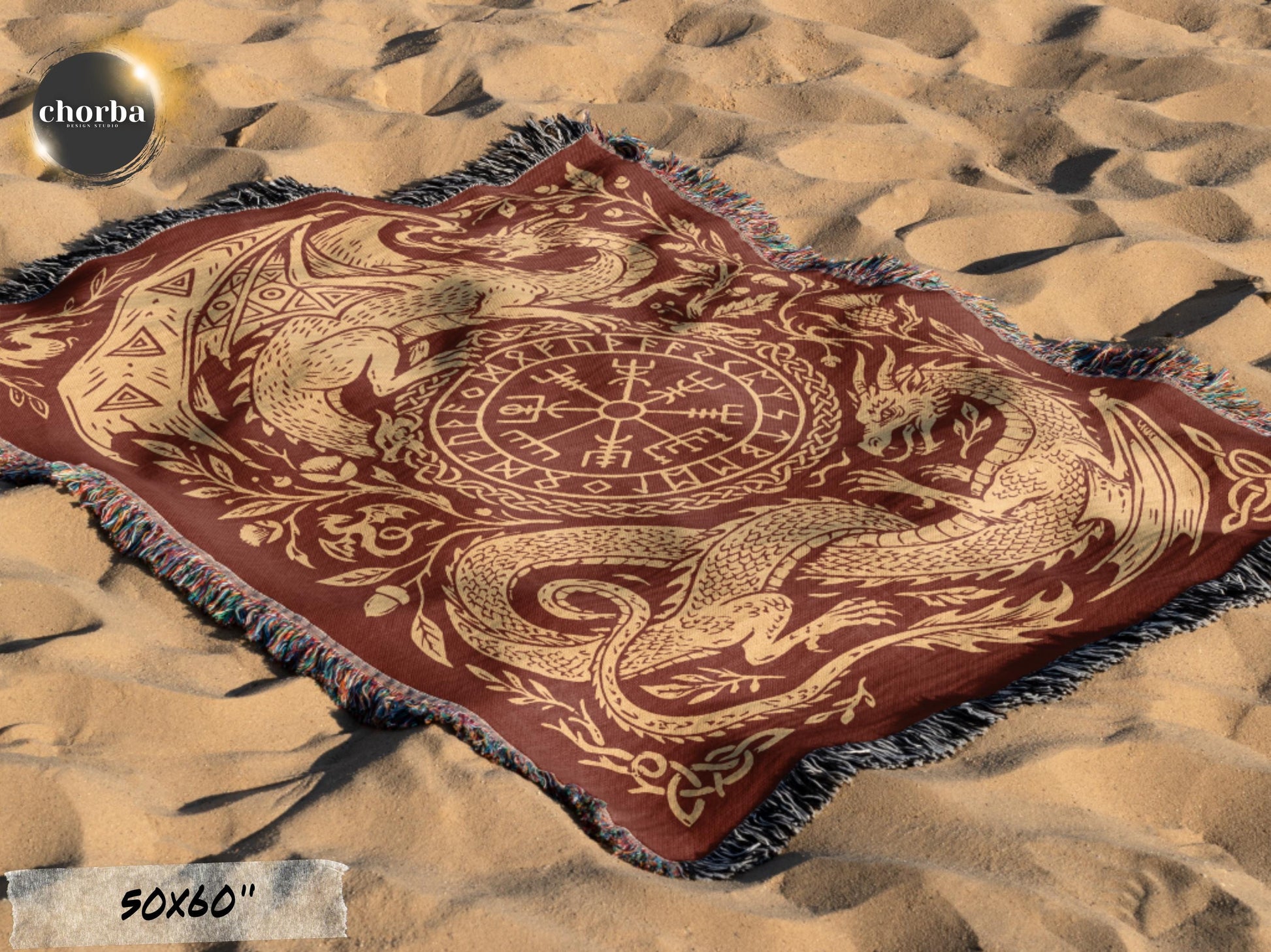 Viking Blanket - Viking Nordic Dragon Woven Cotton Throw Blanket, Fringed Tapestry Decor
