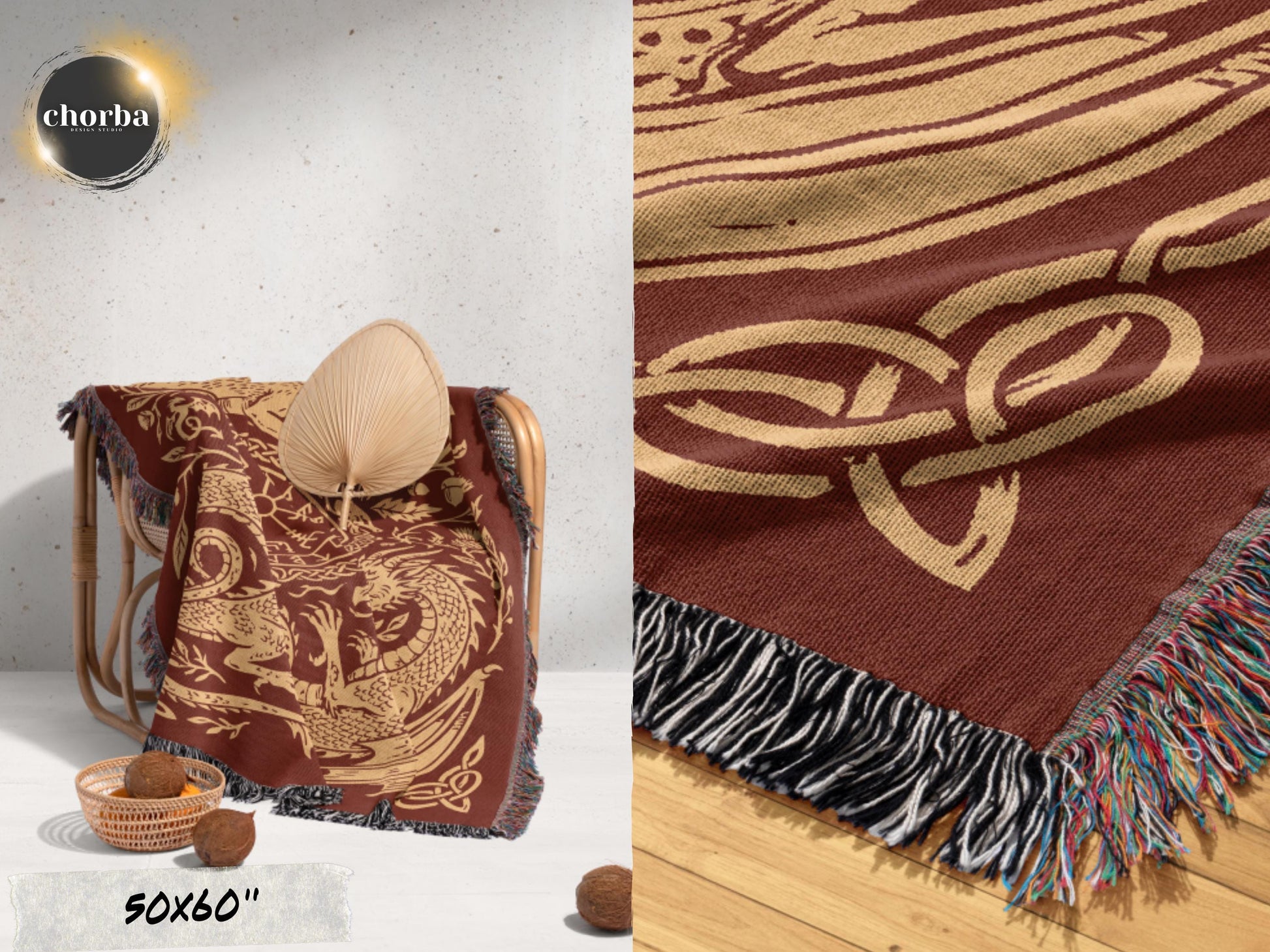 Viking Blanket - Viking Nordic Dragon Woven Cotton Throw Blanket, Fringed Tapestry Decor
