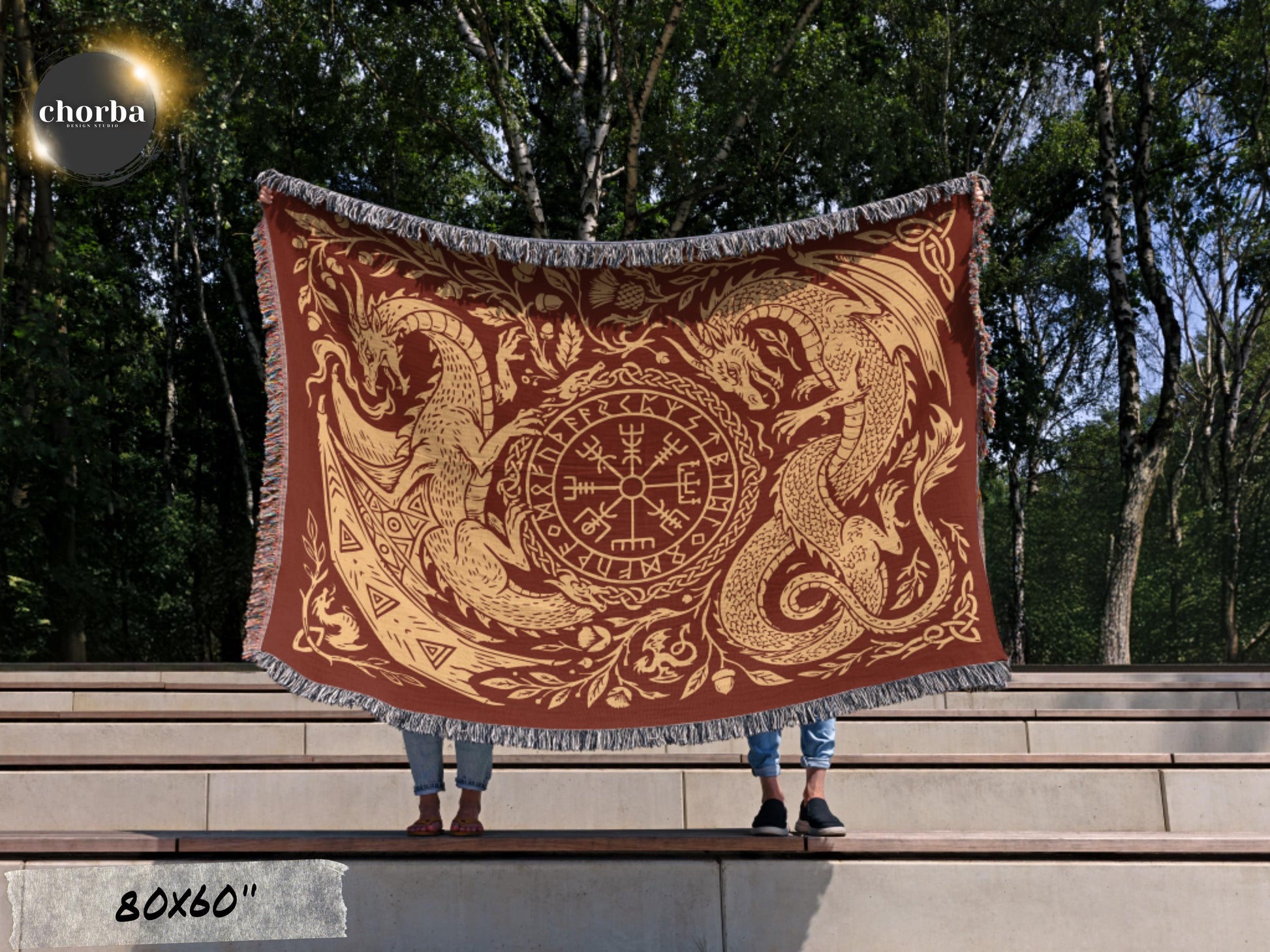 Viking Blanket - Viking Nordic Dragon Woven Cotton Throw Blanket, Fringed Tapestry Decor