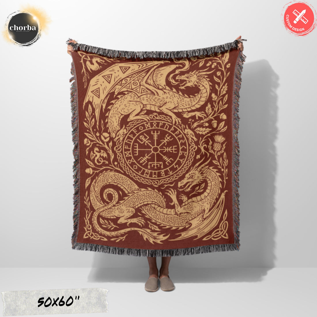 Viking Blanket - Viking Nordic Dragon Woven Cotton Throw Blanket, Fringed Tapestry Decor