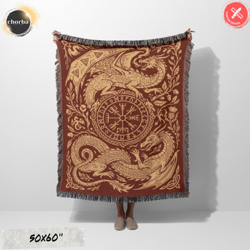 Viking Blanket - Viking Nordic Dragon Woven Cotton Throw Blanket, Fringed Tapestry Decor
