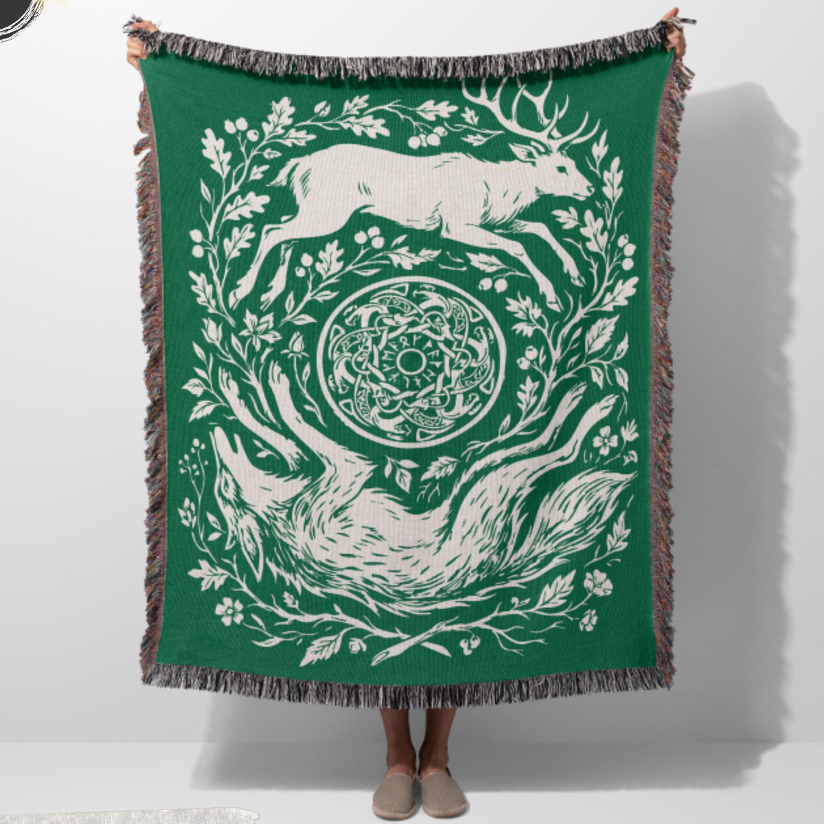 Viking Blanket - Viking Nordic Dragon Woven Cotton Throw Blanket, Fringed Tapestry Decor