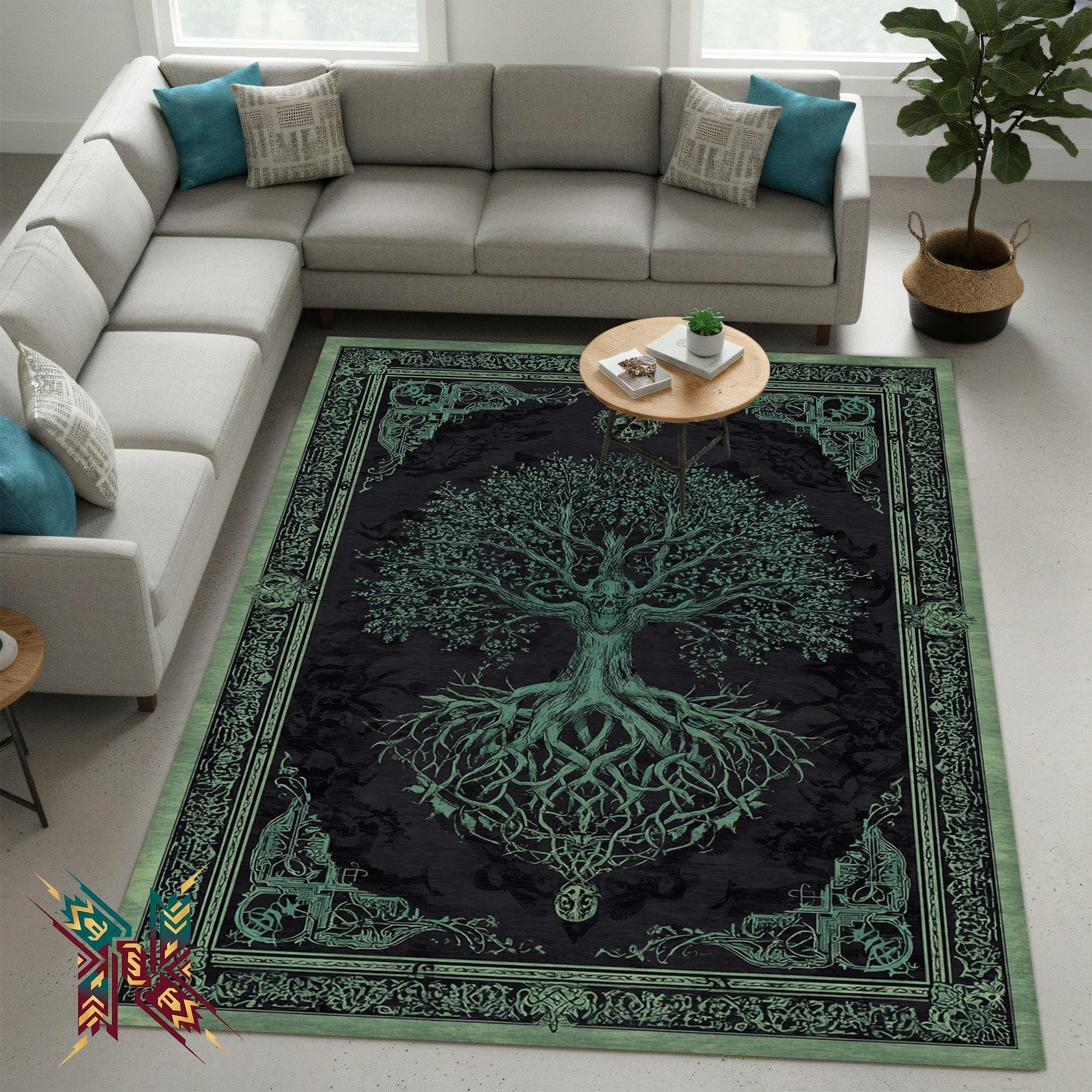 Viking Yggdrasil Tree of Life Rug - Yggdrasil Raven Rug – Green Tree of Life Carpet with Celtic