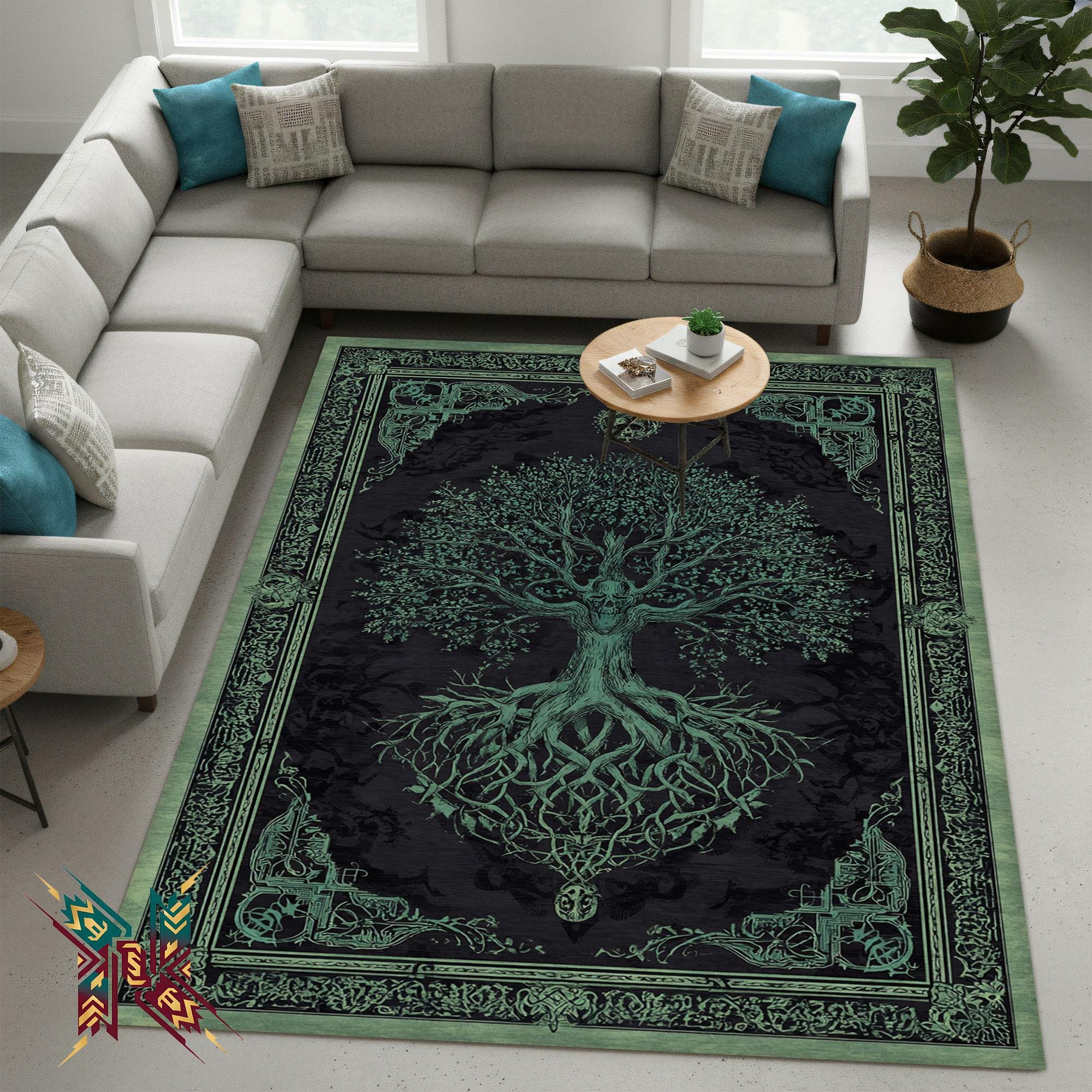 Viking Yggdrasil Tree of Life Rug - Yggdrasil Raven Rug – Green Tree of Life Carpet with Celtic