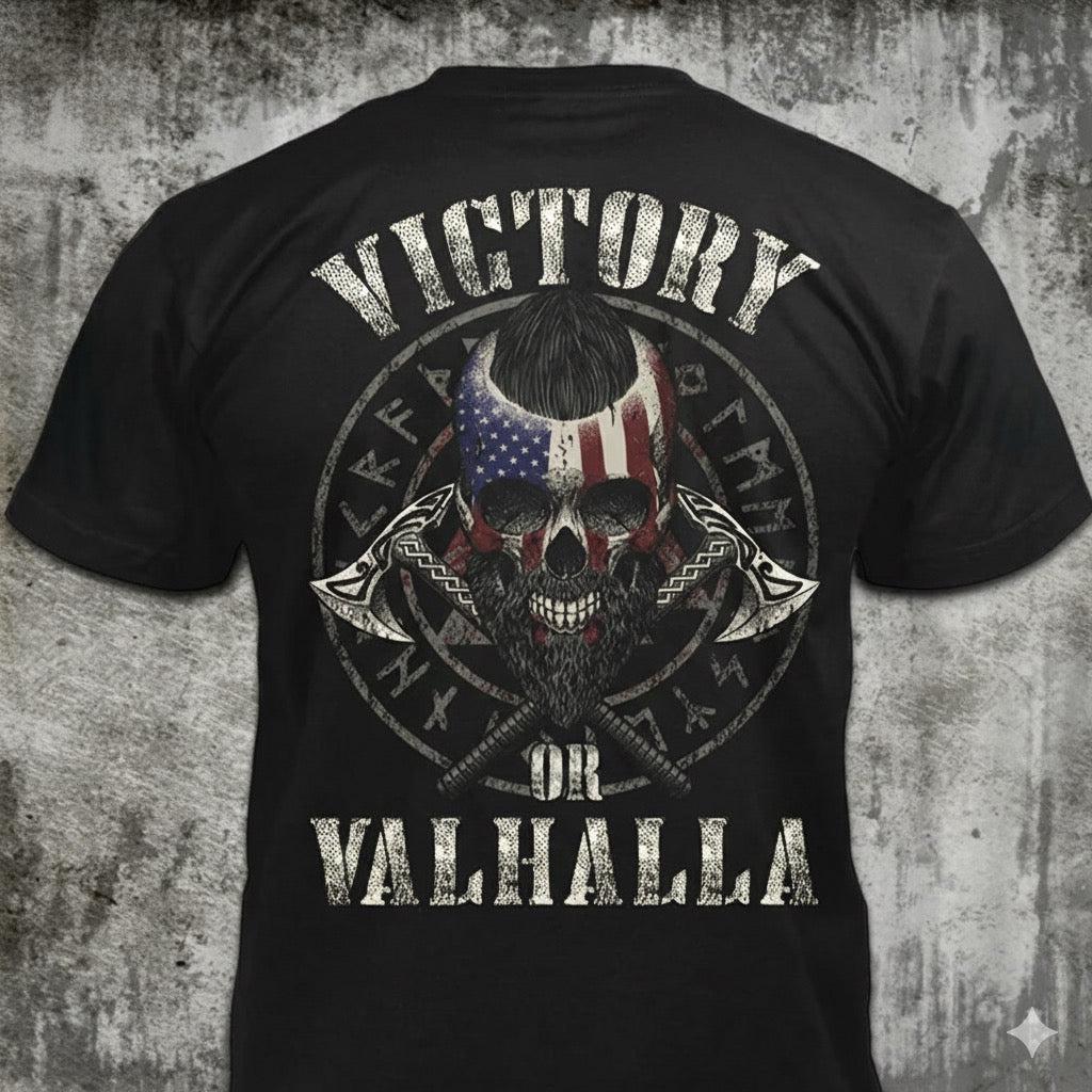 Viking Valhalla T-Shirt - Victory Or Valhalla - Distressed American Viking Skull T-Shirt: Patriotic