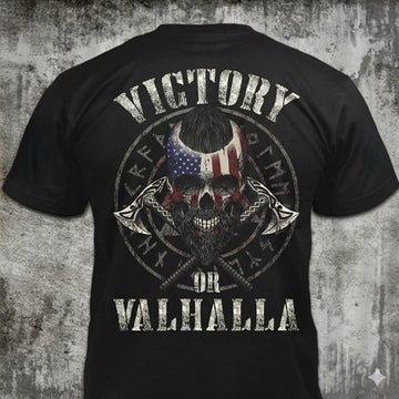 Viking Valhalla T-Shirt - Victory Or Valhalla - Distressed American Viking Skull T-Shirt: Patriotic