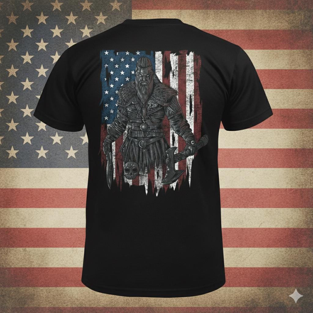 Viking Valhalla T-Shirt - Victory Or Valhalla - Distressed American Viking Skull T-Shirt: Patriotic