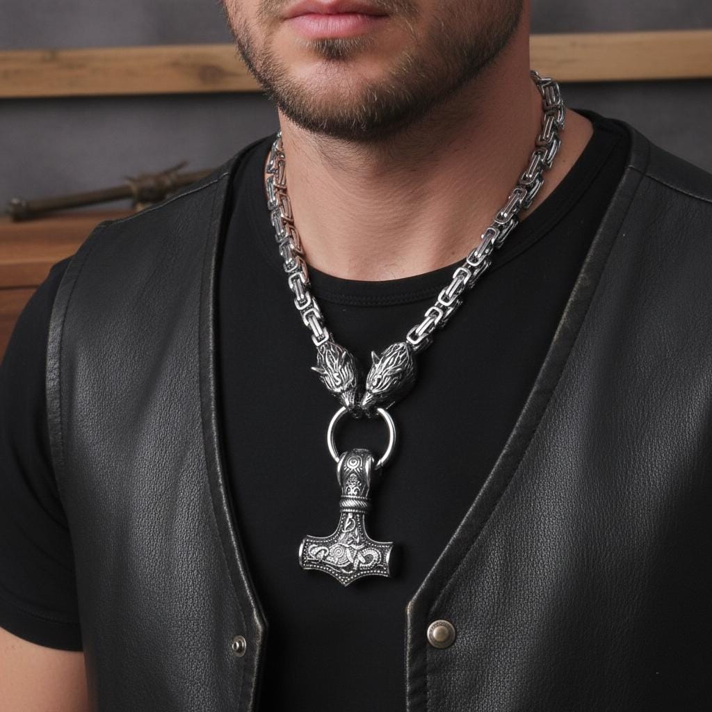 Viking Thor's Hammer Necklace - Mjolnir Necklace, Wolf Chain, Fenrir Amulet, Handmade Viking