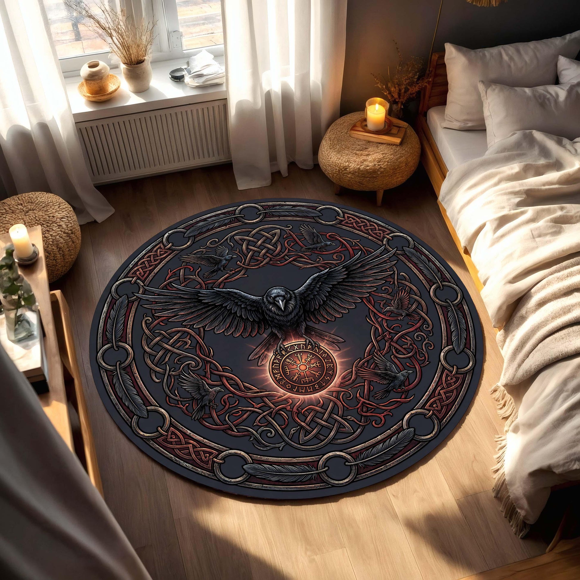 Viking Raven Rug - Viking Raven Round Rug, Norse Rune Circle Carpet, Celtic Knot Boho Gothic Decor