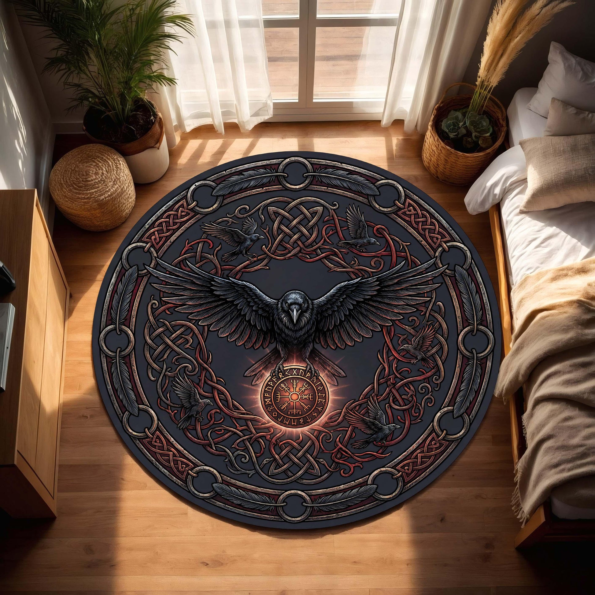 Viking Raven Rug - Viking Raven Round Rug, Norse Rune Circle Carpet, Celtic Knot Boho Gothic Decor