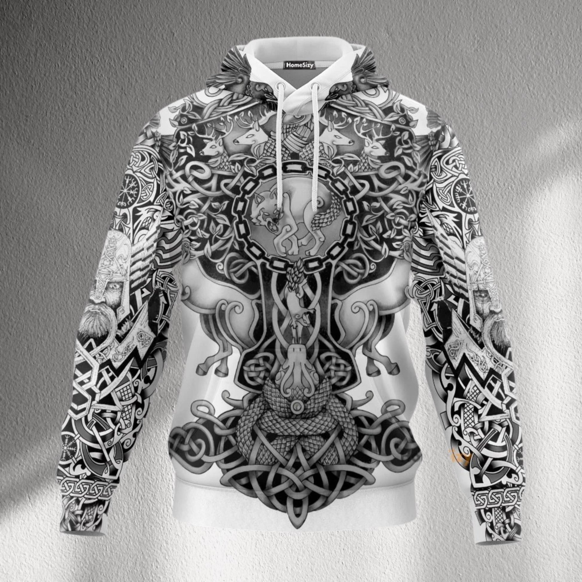 Viking Odin Hoodie - Viking Raven Hoodie with Norse Runes, Nordic Knotwork Pullover, Black Pagan