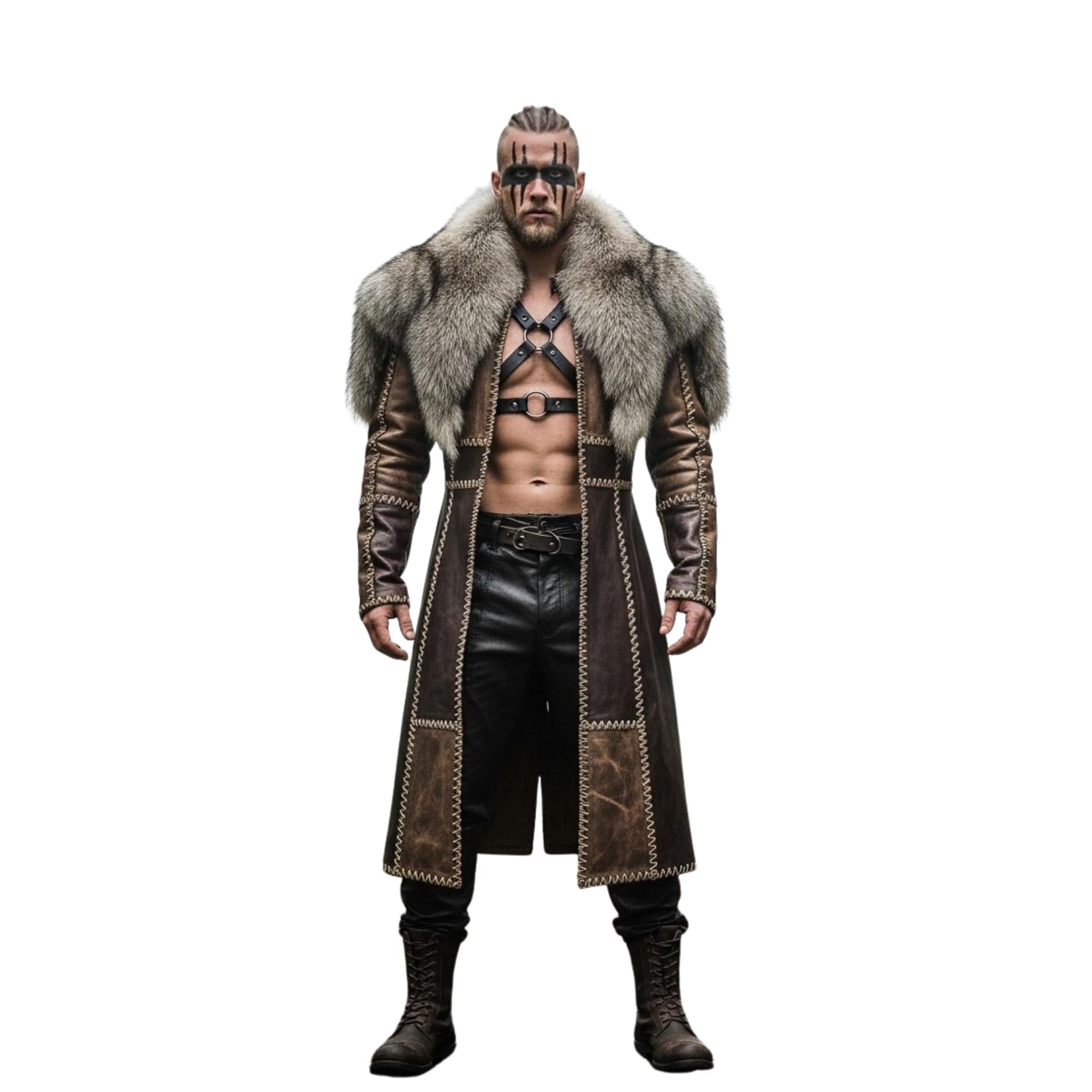 Viking Jacket - Handmade Viking Leather Jacket for Men Norse Warrior Fur Collar Coat, Medieval